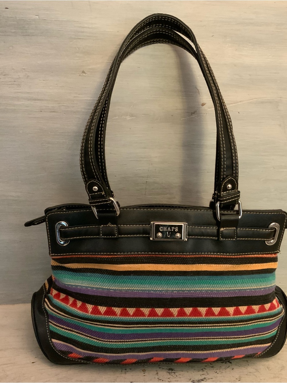 CHAPS Black Faux Leather Canvas Southwestern Print Shoulder Bag Purse 13x10x5 GC